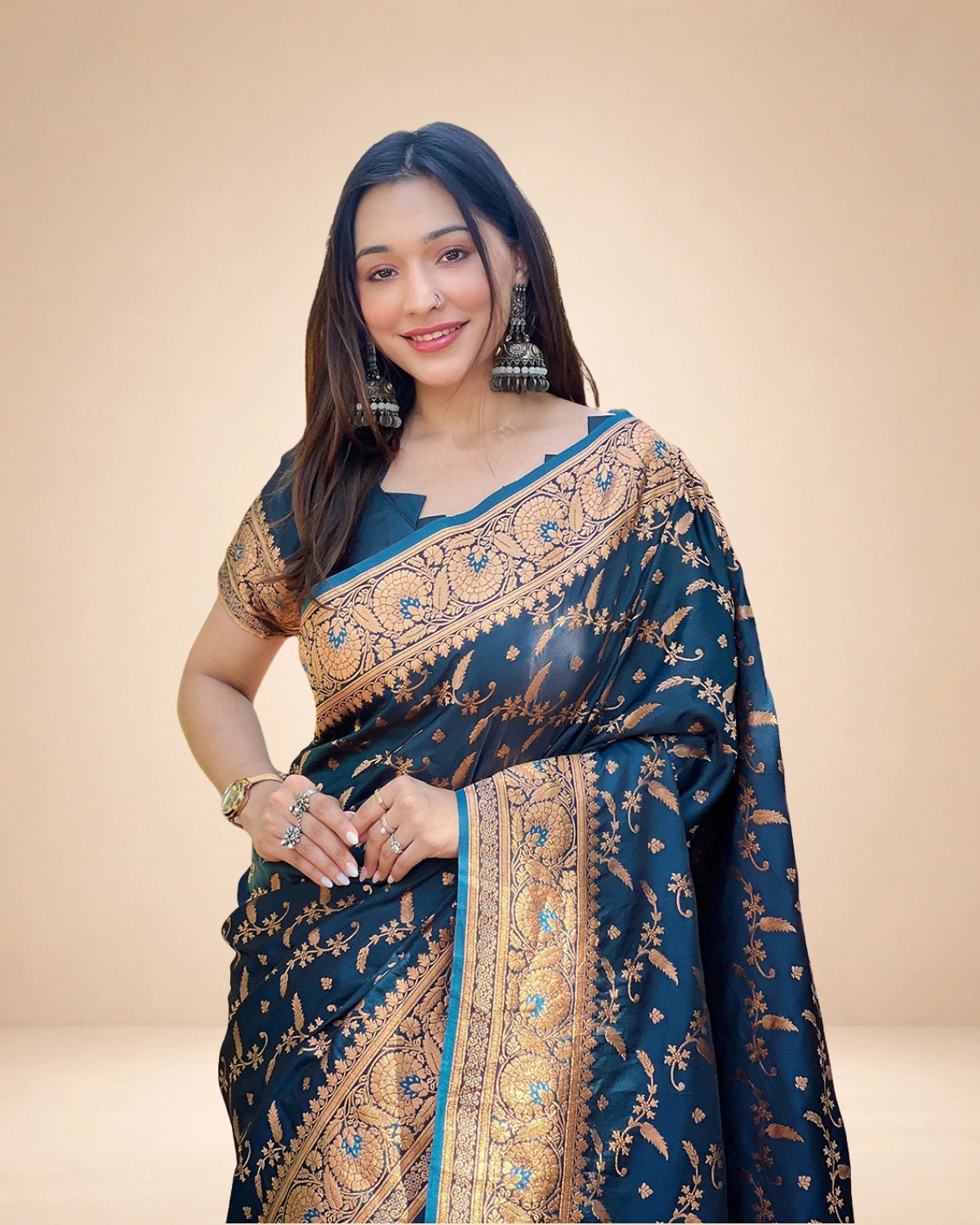 Banarasi Katan Satin Silk Saree with Jaal Weaves & Rich Zari Pallu