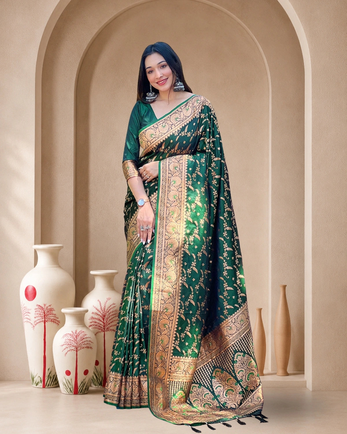 Banarasi Katan Satin Silk Saree with Jaal Weaves & Rich Zari Pallu