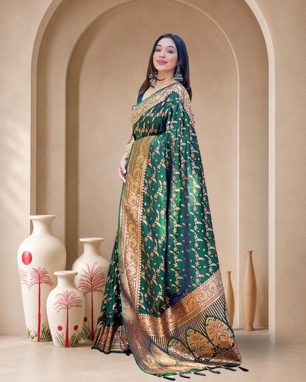Banarasi Katan Satin Silk Saree with Jaal Weaves & Rich Zari Pallu