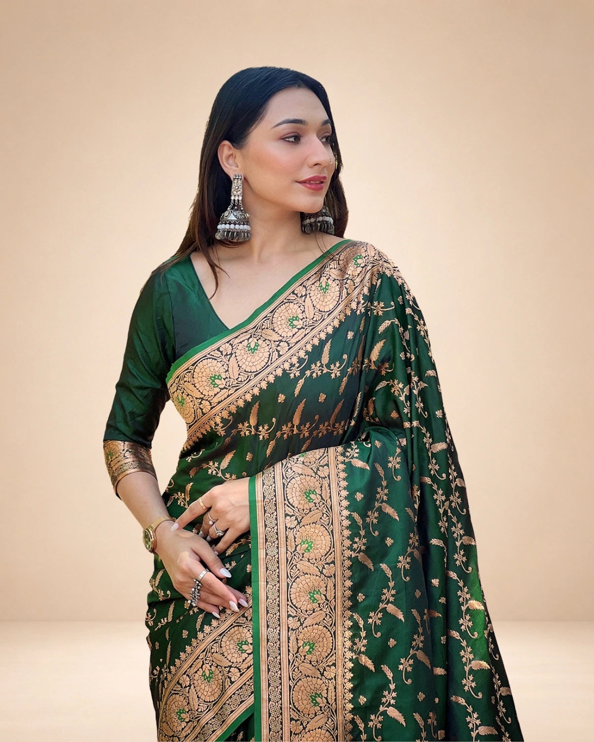 Banarasi Katan Satin Silk Saree with Jaal Weaves & Rich Zari Pallu