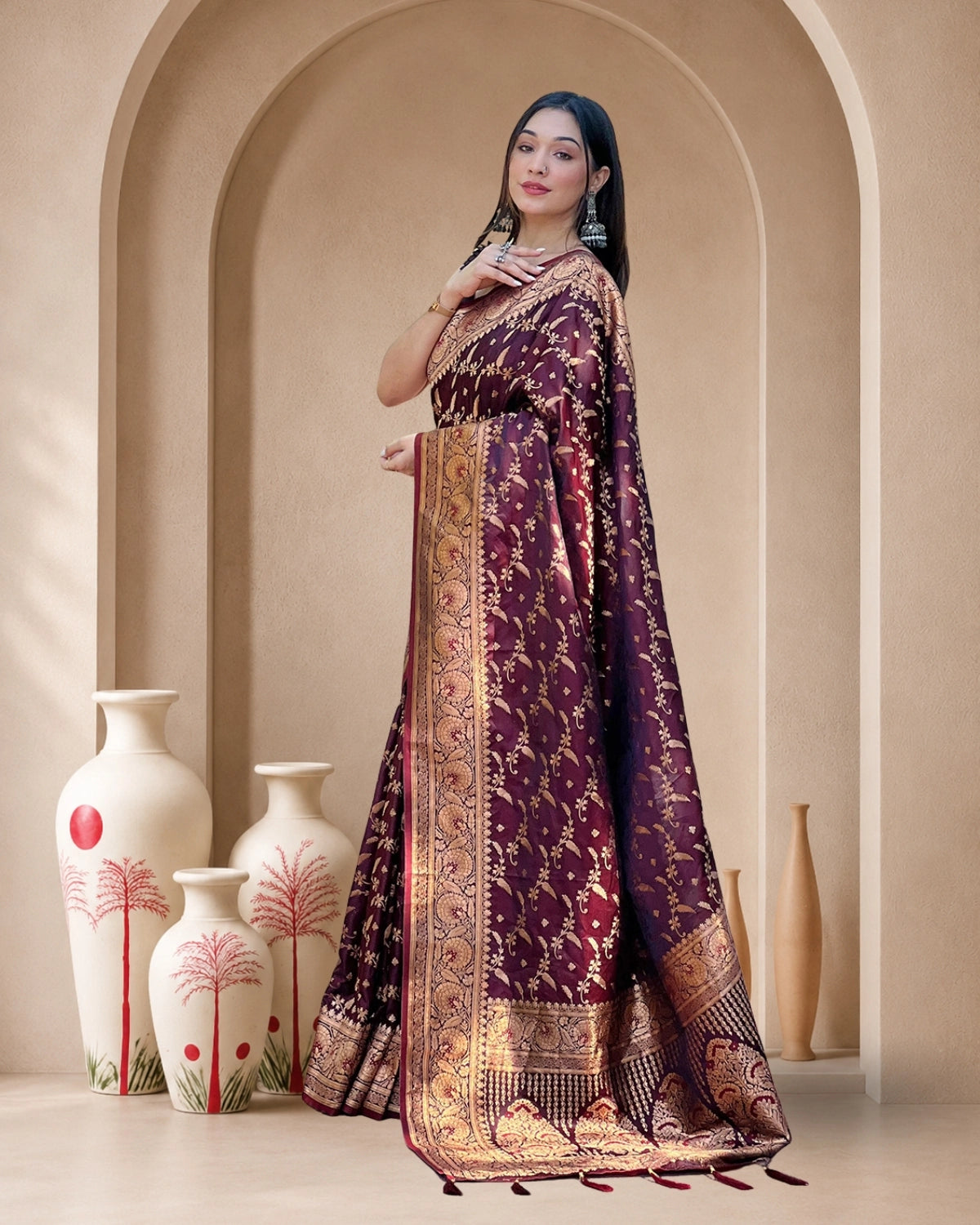 Banarasi Katan Satin Silk Saree with Jaal Weaves & Rich Zari Pallu