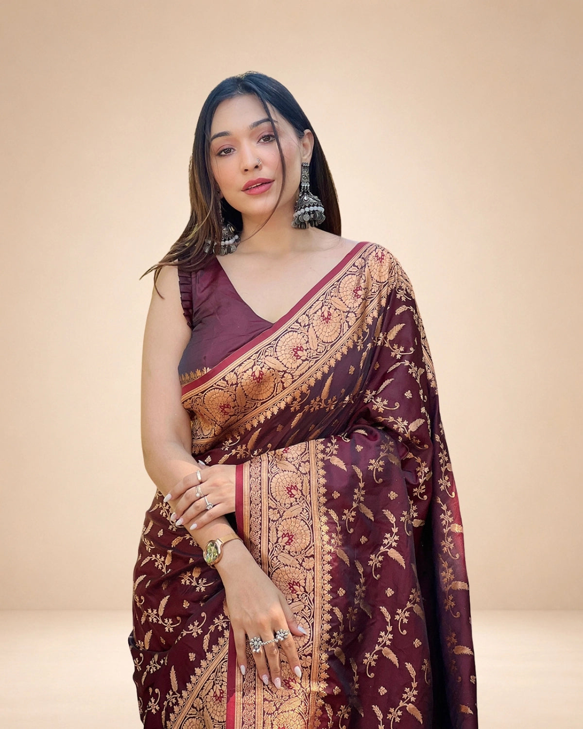 Banarasi Katan Satin Silk Saree with Jaal Weaves & Rich Zari Pallu