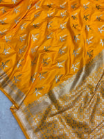 Mustard-Yellow-Banarasi Mashru Katan Silk Saree featuring zari butti work and heavy woven pallu.