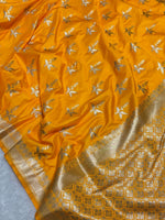 Mustard-Yellow-Banarasi Mashru Katan Silk Saree featuring zari butti work and heavy woven pallu..