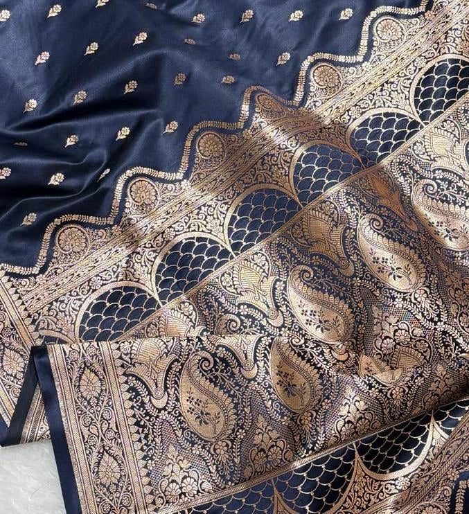 Navy-Blue-Banarasi Mashru Katan Silk Saree featuring zari butti work and heavy woven pallu.
