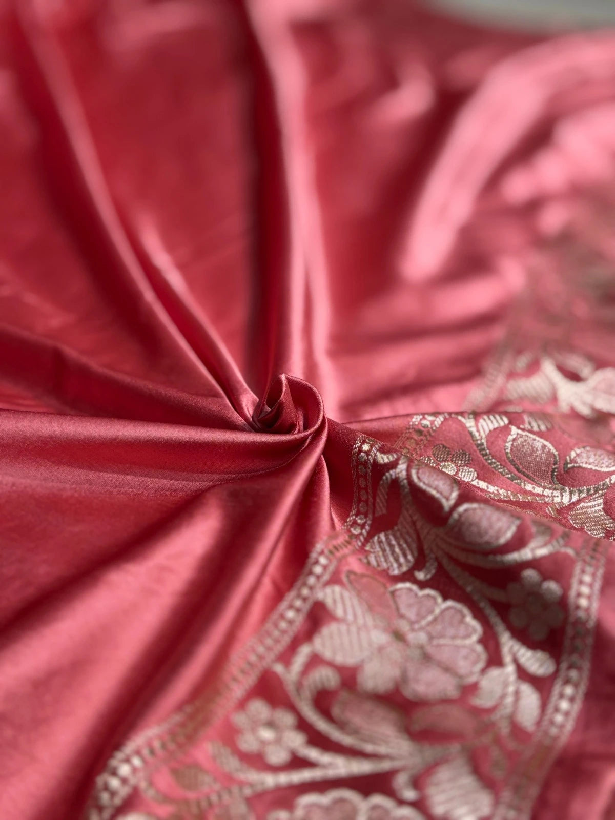 Rose Pink Mashru Katan Silk Banarasi Saree with zari butti weaving by Ruvilla