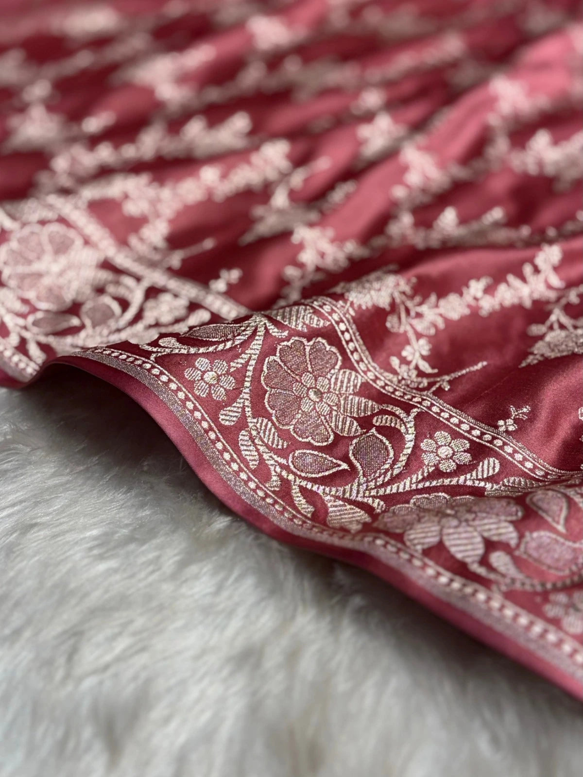 Rose Pink Mashru Katan Silk Banarasi Saree with zari butti weaving by Ruvilla