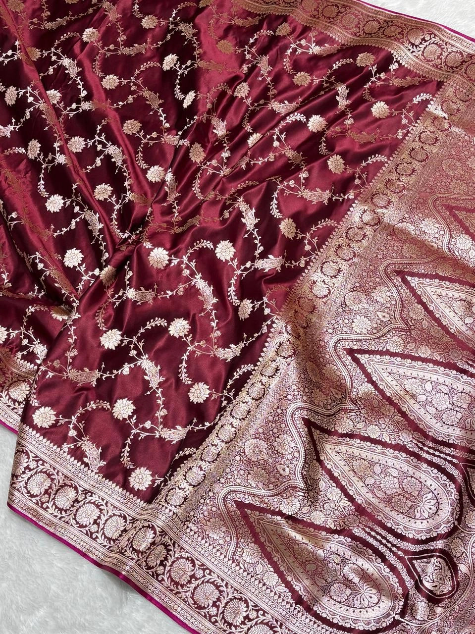 Wine Banarasi Silk Saree with Tanchui Meena Heavy Pallu