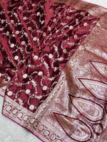 Wine Banarasi Silk Saree with Tanchui Meena Heavy Pallu