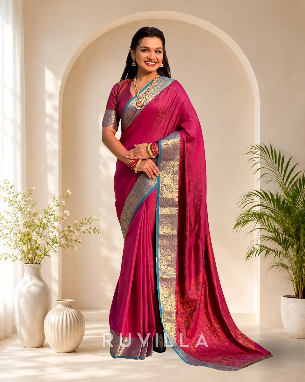 Dark Pink Soft Patola Silk Saree with Bandhani Weaves & Rich Zari Border