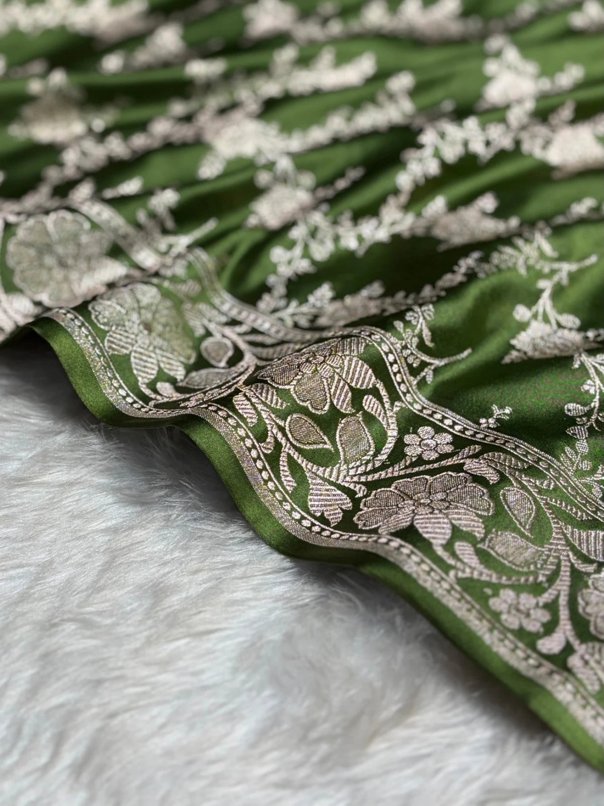 Olive Green Mashru Katan Silk Banarasi Saree with zari butti weaving by Ruvilla