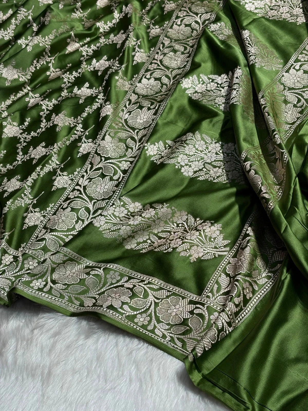 Olive Green Mashru Katan Silk Banarasi Saree with zari butti weaving by Ruvilla
