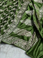 Olive Green Mashru Katan Silk Banarasi Saree with zari butti weaving by Ruvilla