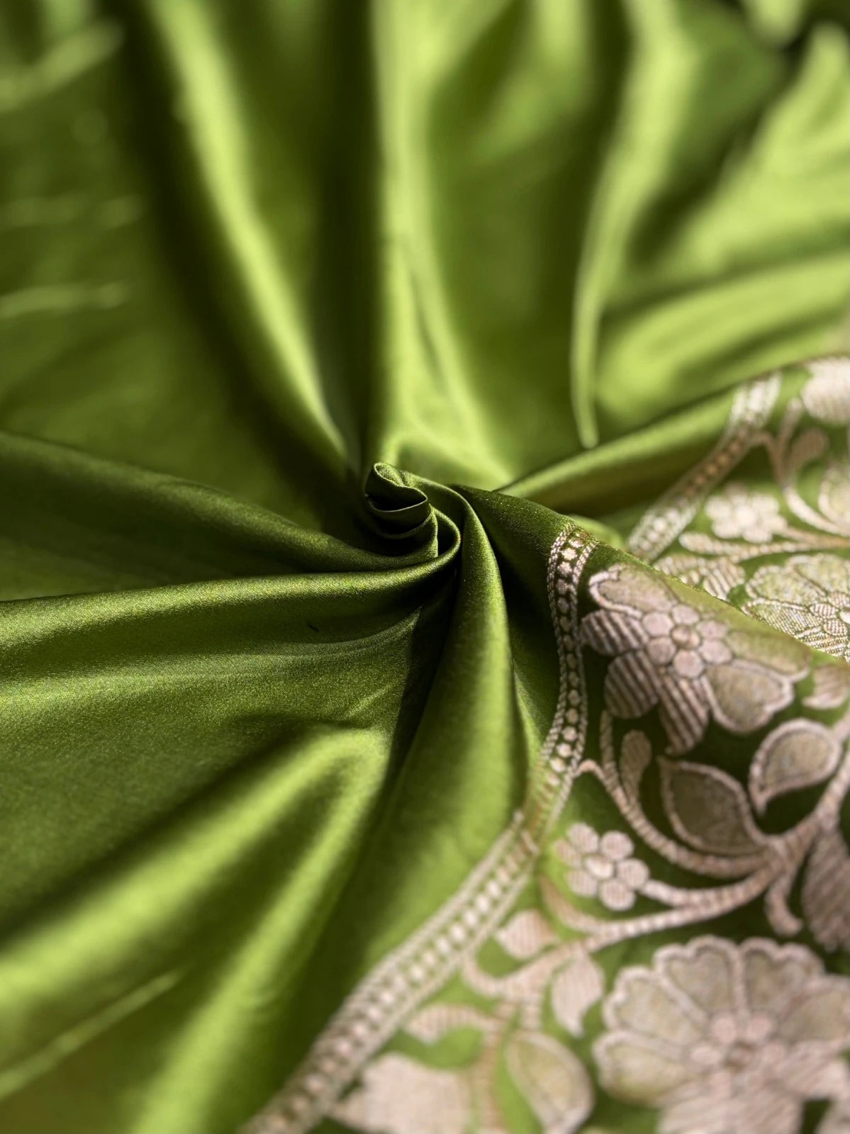 Olive Green Mashru Katan Silk Banarasi Saree with zari butti weaving by Ruvilla