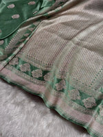 Olive Green Mashru Katan Silk Banarasi Saree with zari butti weaving by Ruvilla