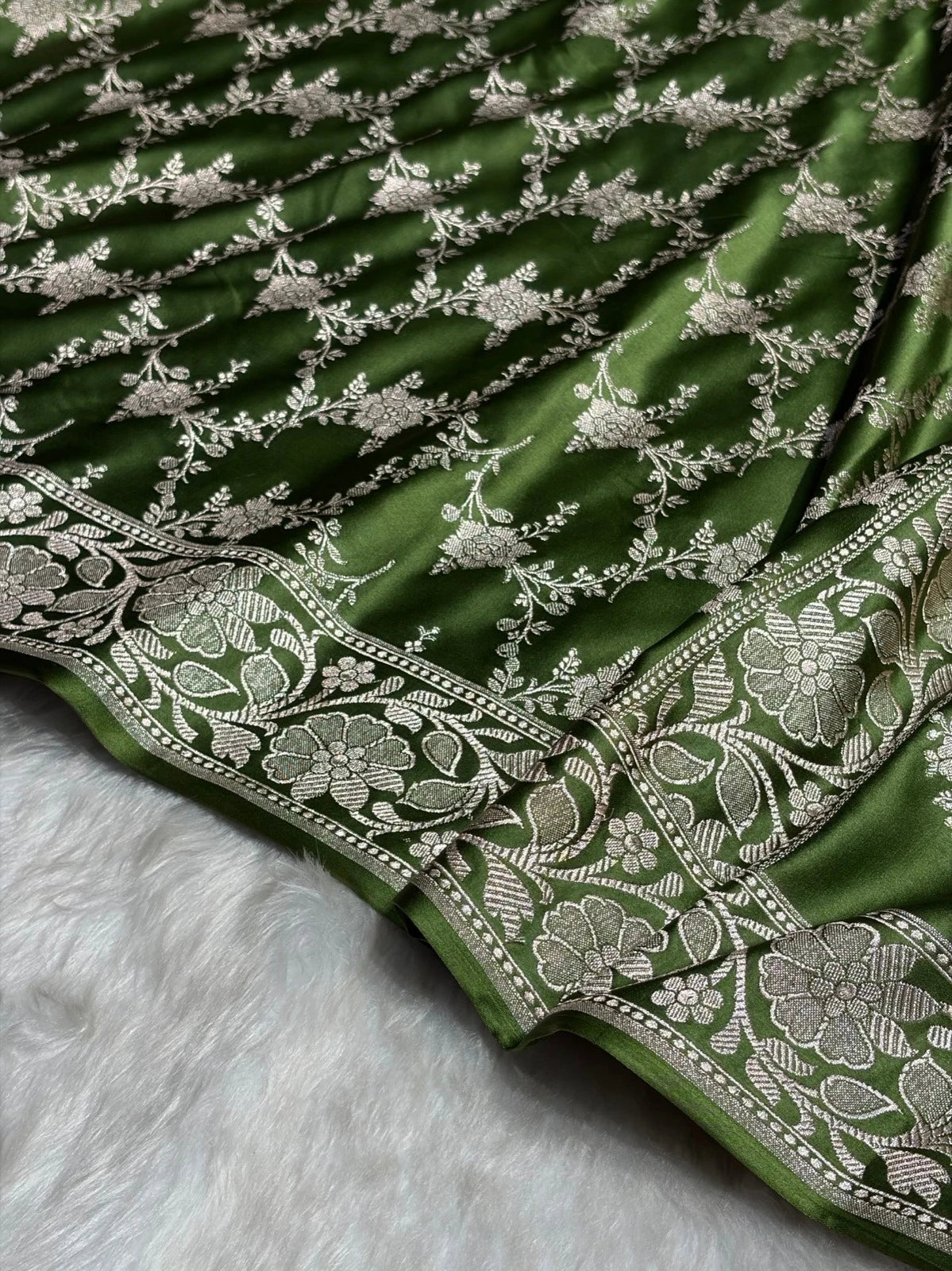 Olive Green Mashru Katan Silk Banarasi Saree with zari butti weaving by Ruvilla