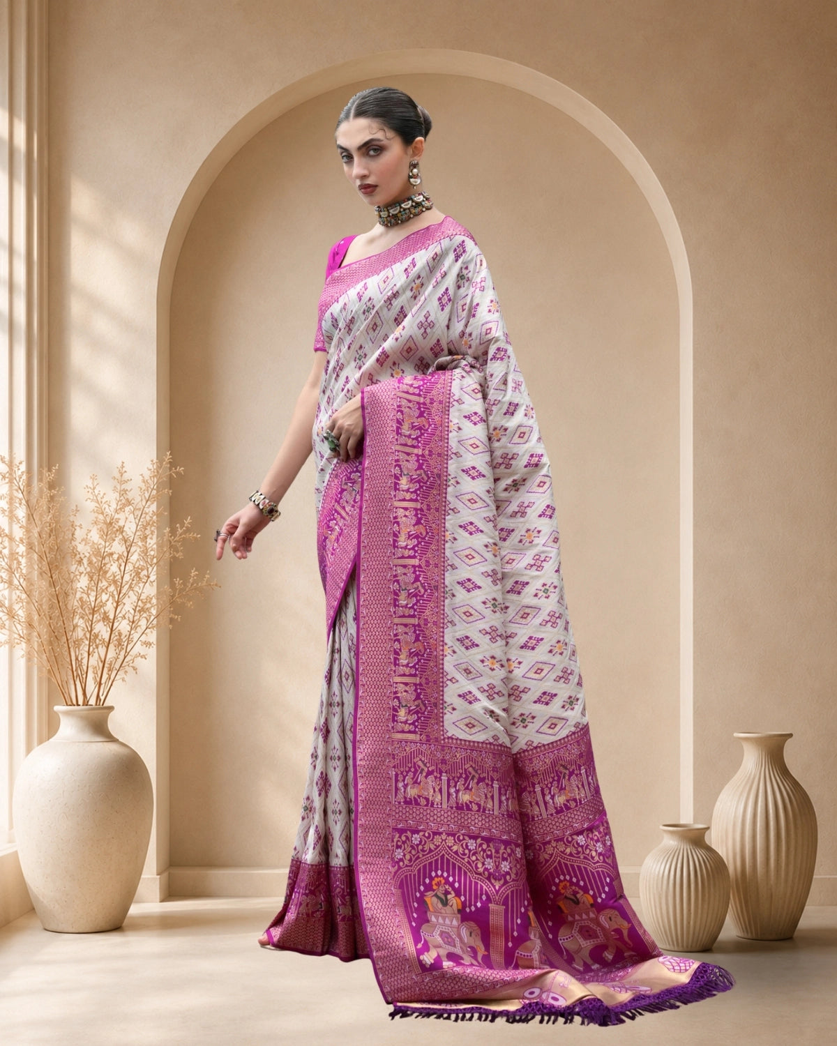 Premium Banarasi Silk Patola Saree with Meena & Zari Weaving Rich Pallu