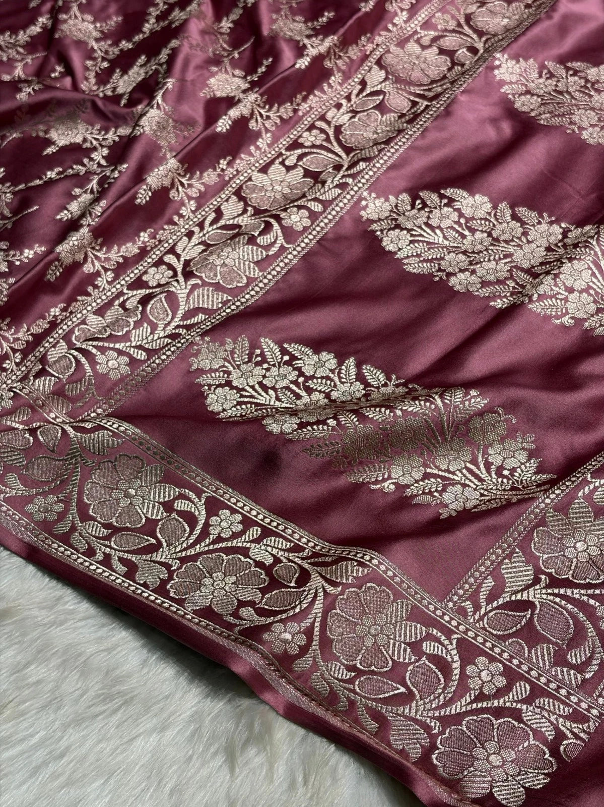 Wine Mauve Mashru Katan Silk Banarasi Saree with zari butti weaving by Ruvilla