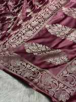 Wine Mauve Mashru Katan Silk Banarasi Saree with zari butti weaving by Ruvilla