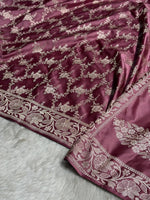 Wine Mauve Mashru Katan Silk Banarasi Saree with zari butti weaving by Ruvilla