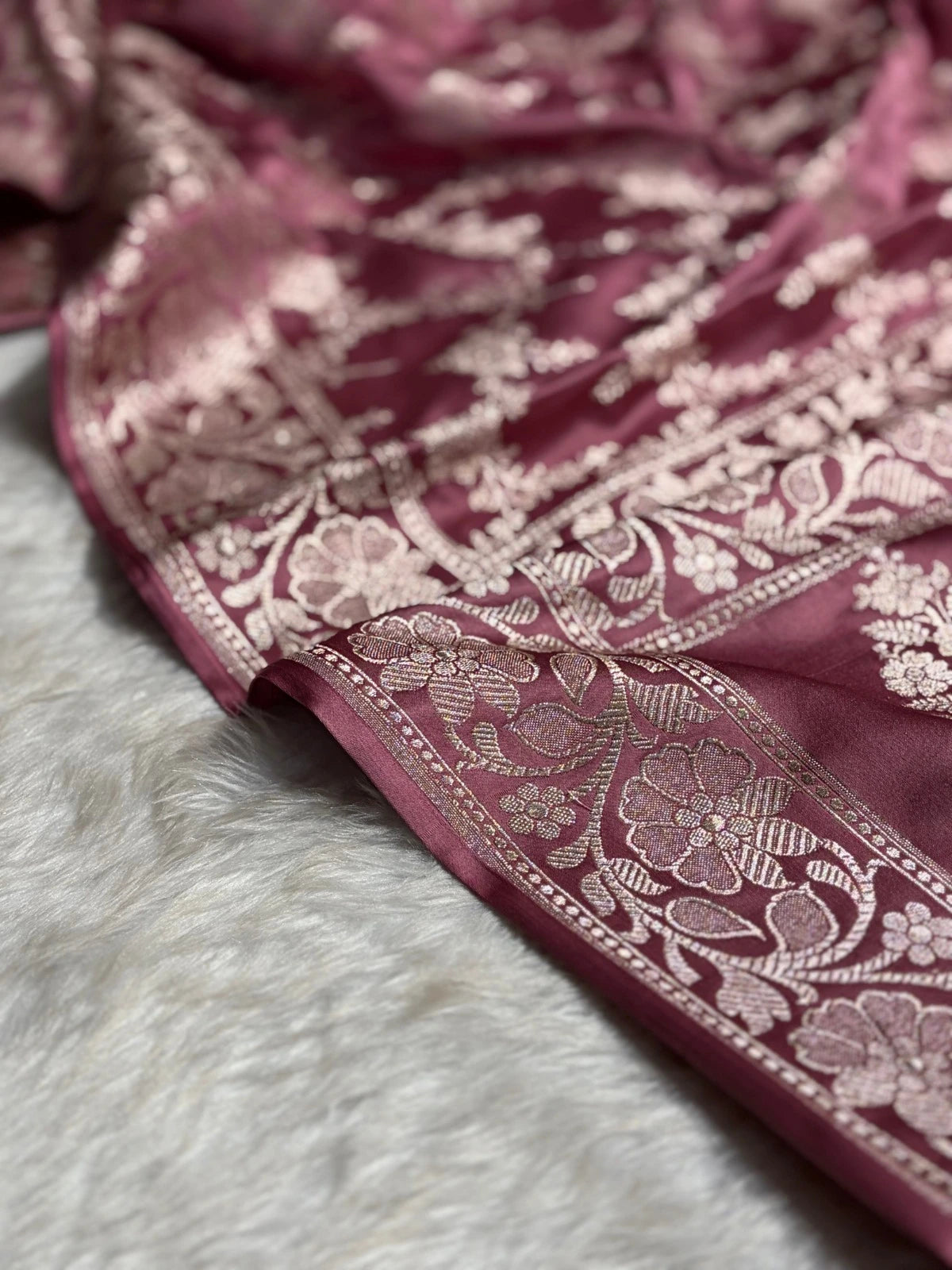 Wine Mauve Mashru Katan Silk Banarasi Saree with zari butti weaving by Ruvilla