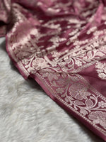 Wine Mauve Mashru Katan Silk Banarasi Saree with zari butti weaving by Ruvilla