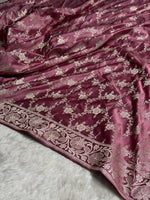 Wine Mauve Mashru Katan Silk Banarasi Saree with zari butti weaving by Ruvilla
