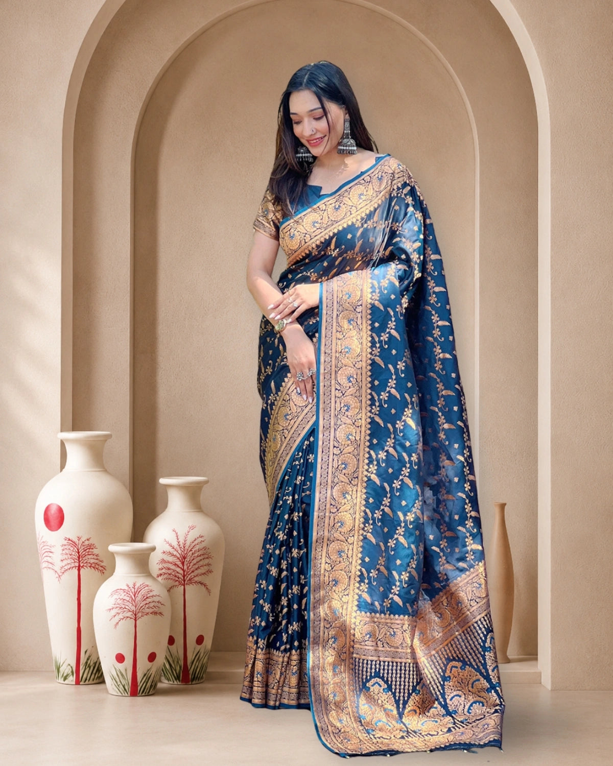 Banarasi Katan Satin Silk Saree with Jaal Weaves & Rich Zari Pallu