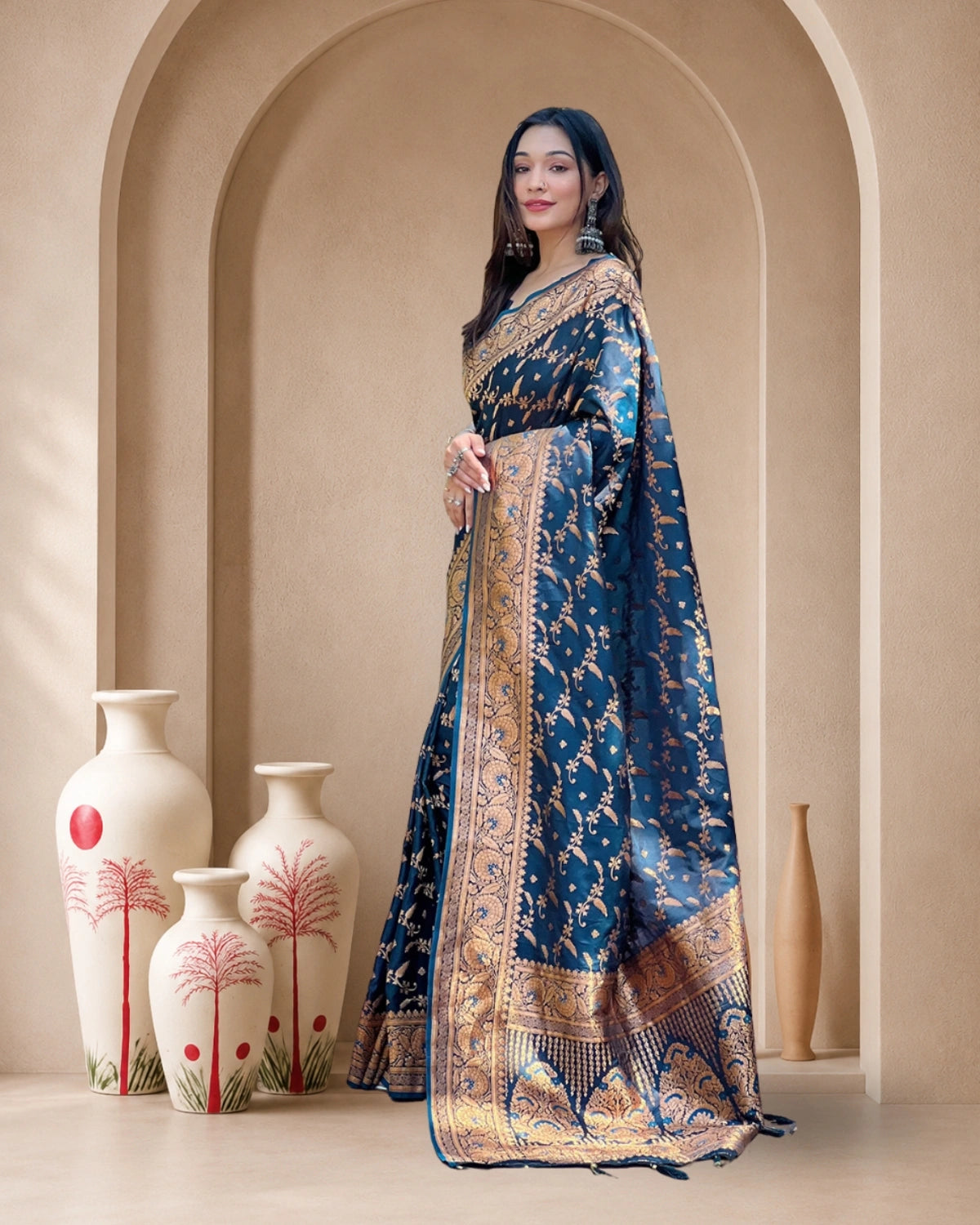 Banarasi Katan Satin Silk Saree with Jaal Weaves & Rich Zari Pallu