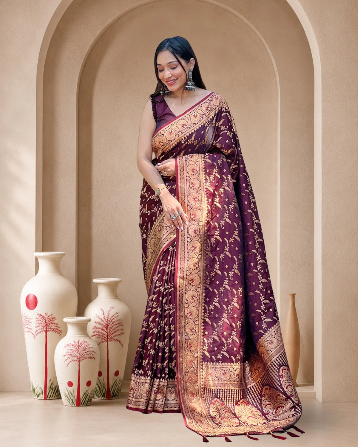 Banarasi Katan Satin Silk Saree with Jaal Weaves & Rich Zari Pallu