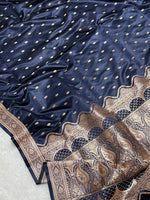Navy-Blue-Banarasi Mashru Katan Silk Saree featuring zari butti work and heavy woven pallu.