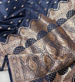 Navy-Blue-Banarasi Mashru Katan Silk Saree featuring zari butti work and heavy woven pallu.