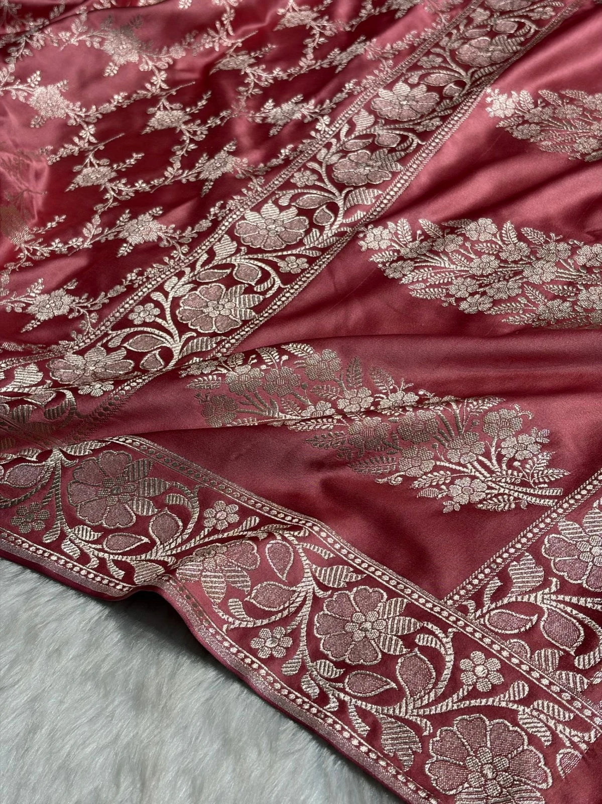 Rose Pink Mashru Katan Silk Banarasi Saree with zari butti weaving by Ruvilla