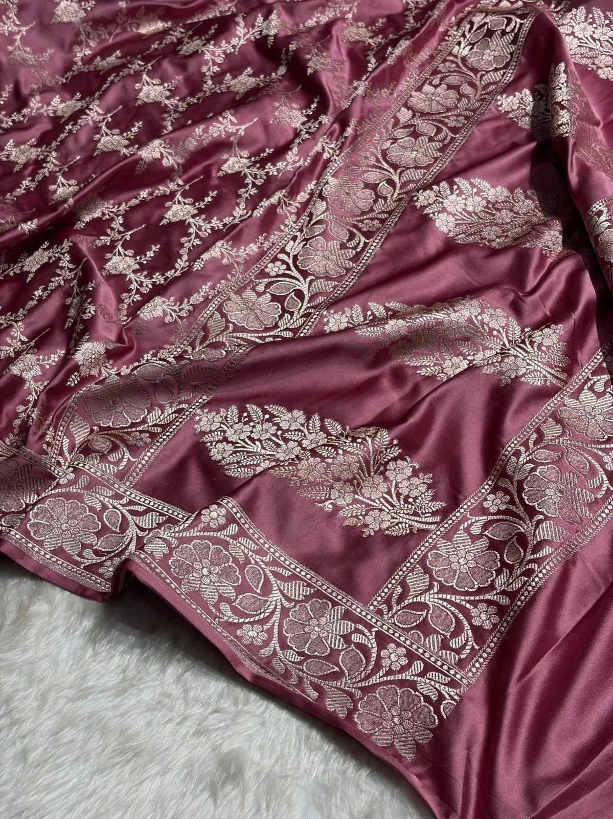 Rose Pink Mashru Katan Silk Banarasi Saree with zari butti weaving by Ruvilla
