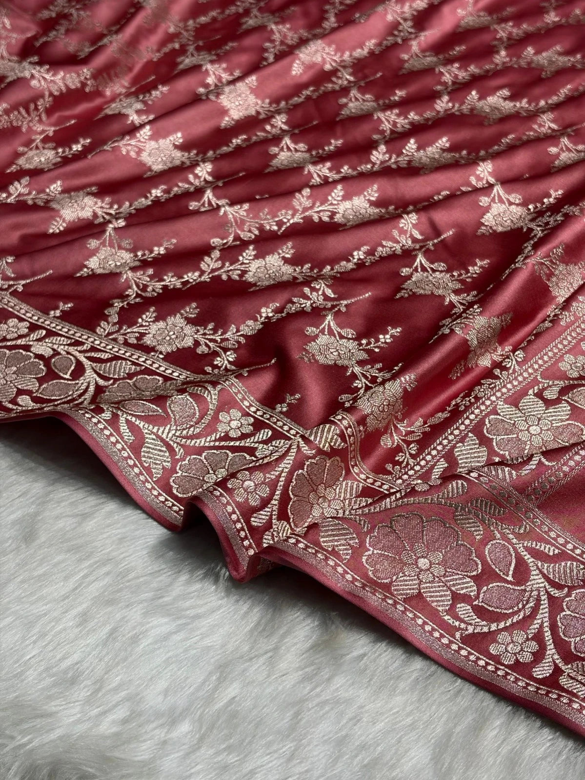 Rose Pink Mashru Katan Silk Banarasi Saree with zari butti weaving by Ruvilla