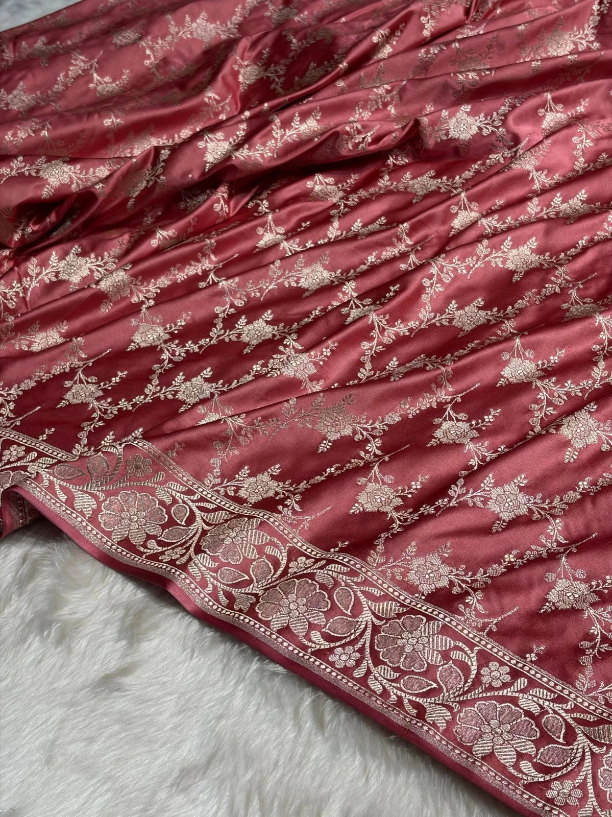 Rose Pink Mashru Katan Silk Banarasi Saree with zari butti weaving by Ruvilla