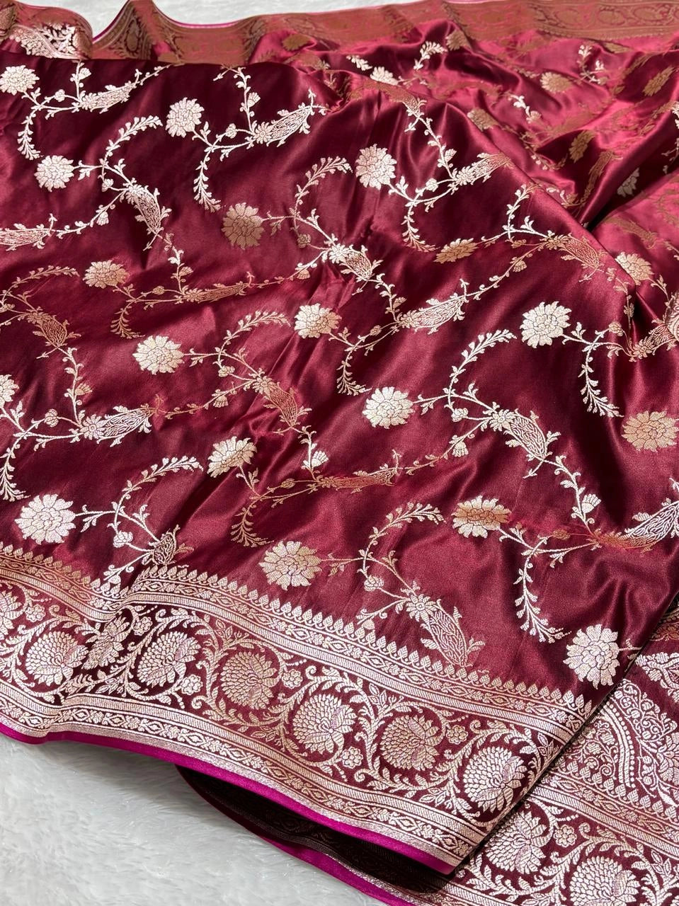 Wine Banarasi Silk Saree with Tanchui Meena Heavy Pallu