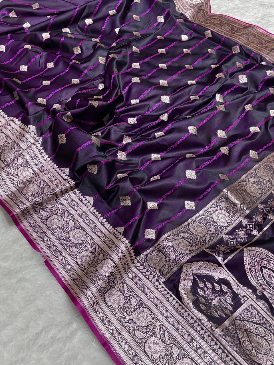 Royal Purple Banarasi Mashru Katan Silk Saree with Heavy Zari Pallu by Ruvilla
