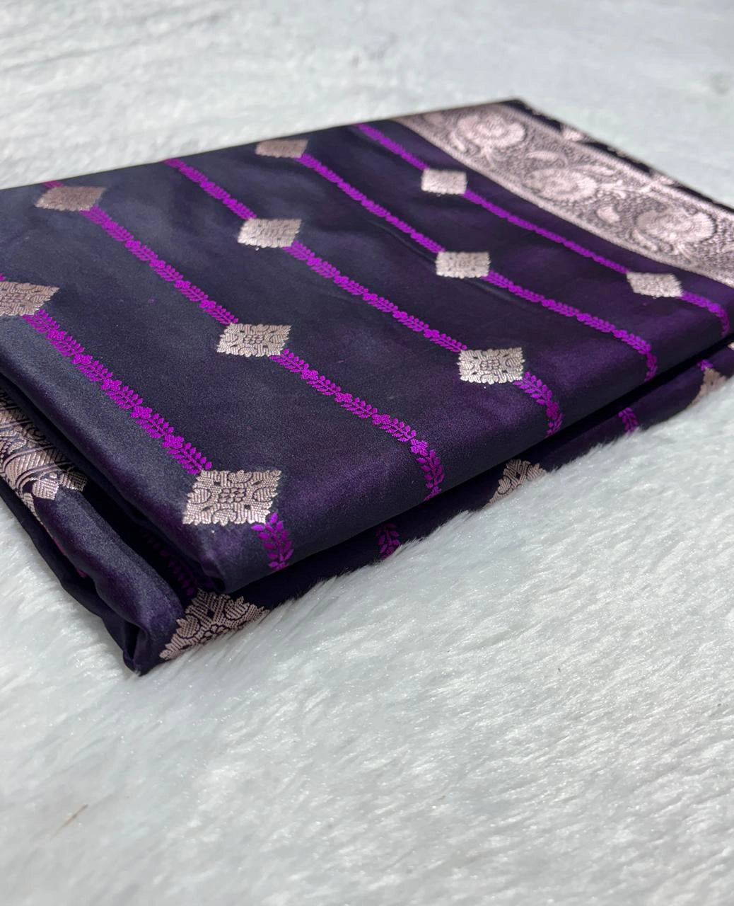 Royal Purple Banarasi Mashru Katan Silk Saree with Heavy Zari Pallu by Ruvilla