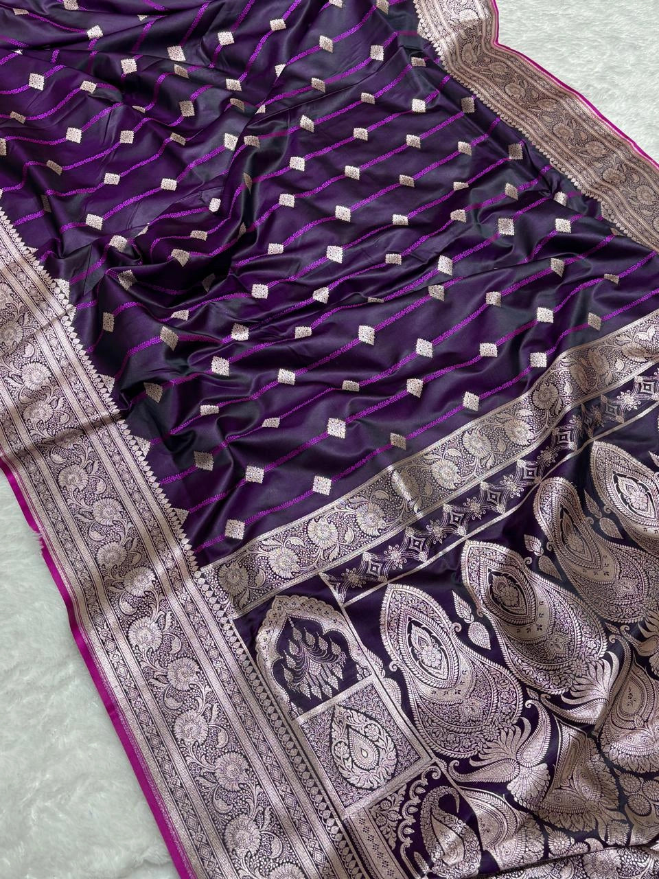 Royal Purple Banarasi Mashru Katan Silk Saree with Heavy Zari Pallu by Ruvilla
