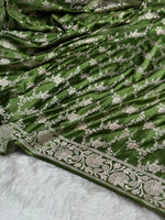 Olive Green Mashru Katan Silk Banarasi Saree with zari butti weaving by Ruvilla