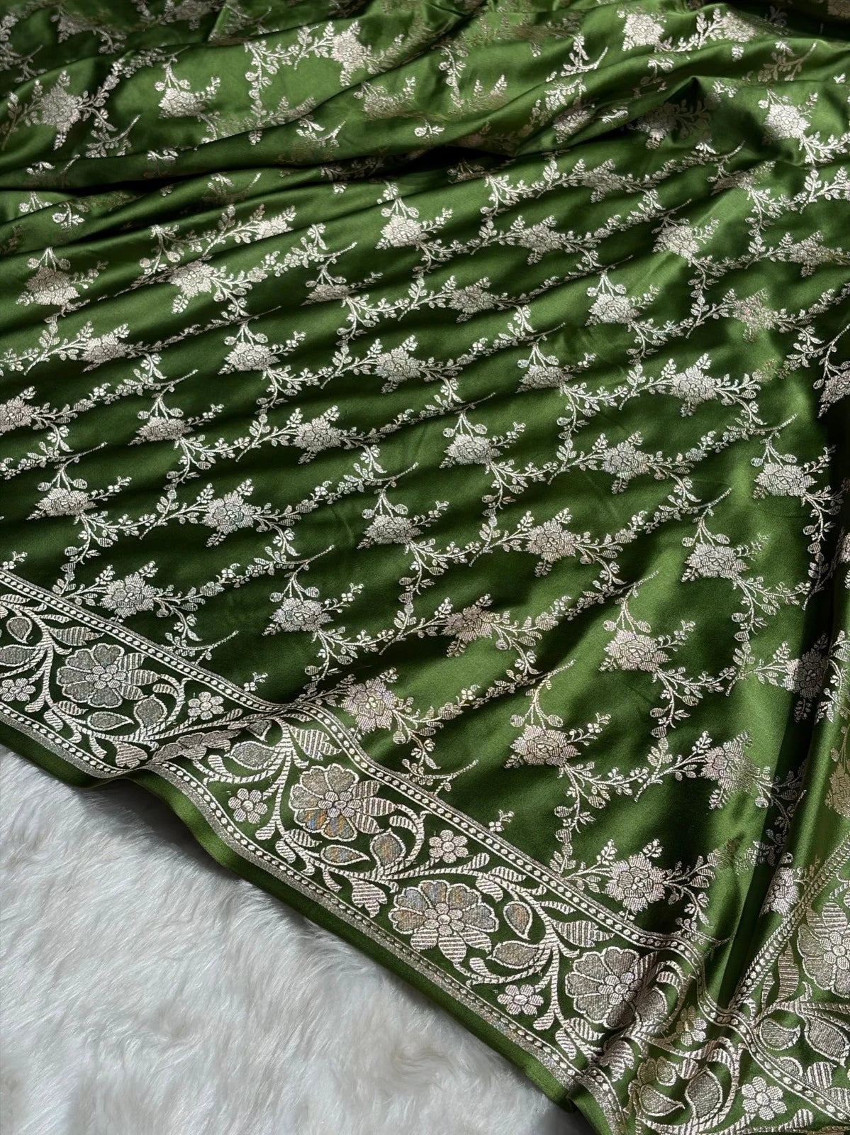 Olive Green Mashru Katan Silk Banarasi Saree with zari butti weaving by Ruvilla