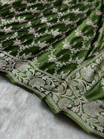 Olive Green Mashru Katan Silk Banarasi Saree with zari butti weaving by Ruvilla