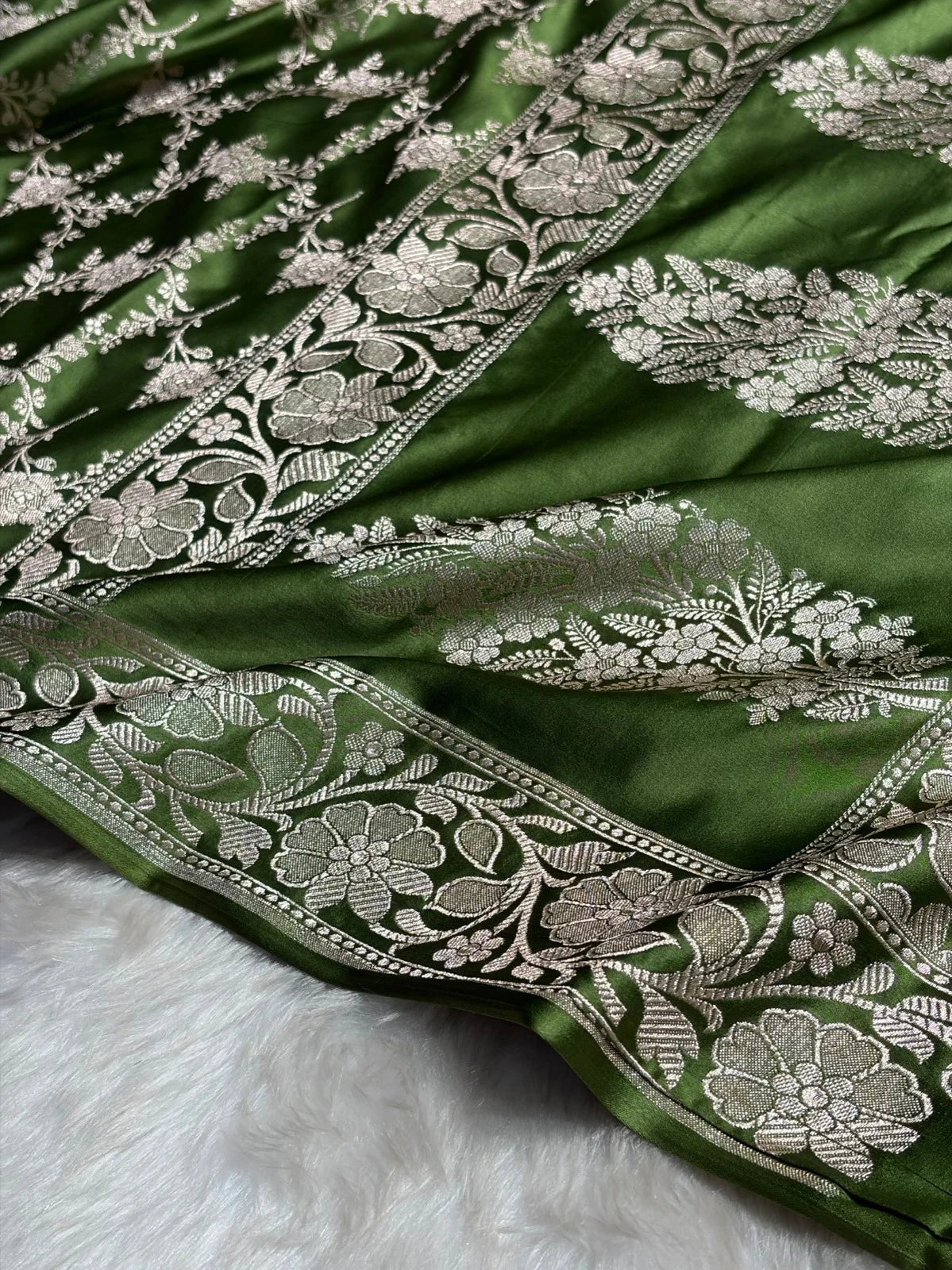Olive Green Mashru Katan Silk Banarasi Saree with zari butti weaving by Ruvilla
