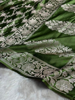 Olive Green Mashru Katan Silk Banarasi Saree with zari butti weaving by Ruvilla