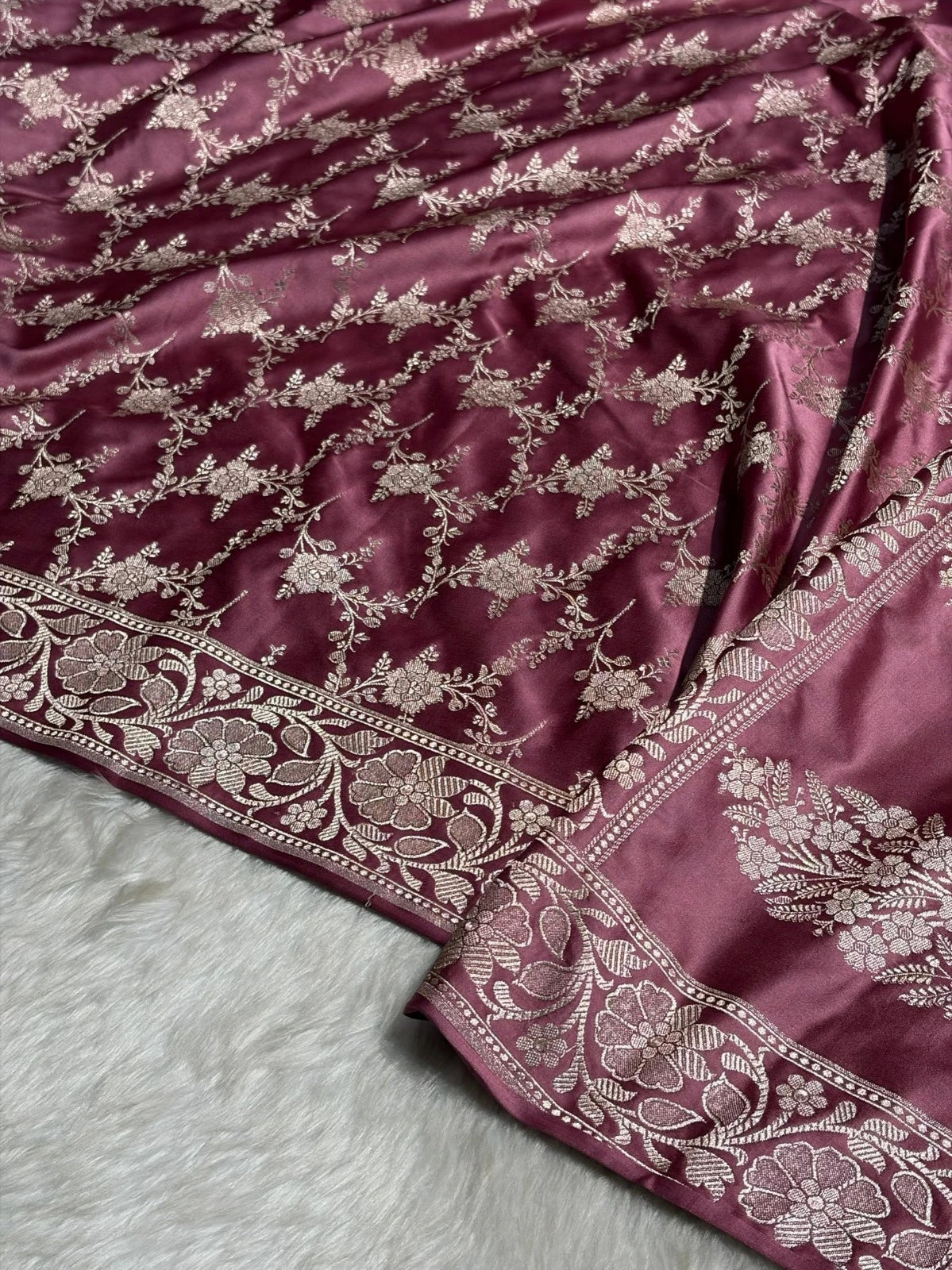 Wine Mauve Mashru Katan Silk Banarasi Saree with zari butti weaving by Ruvilla